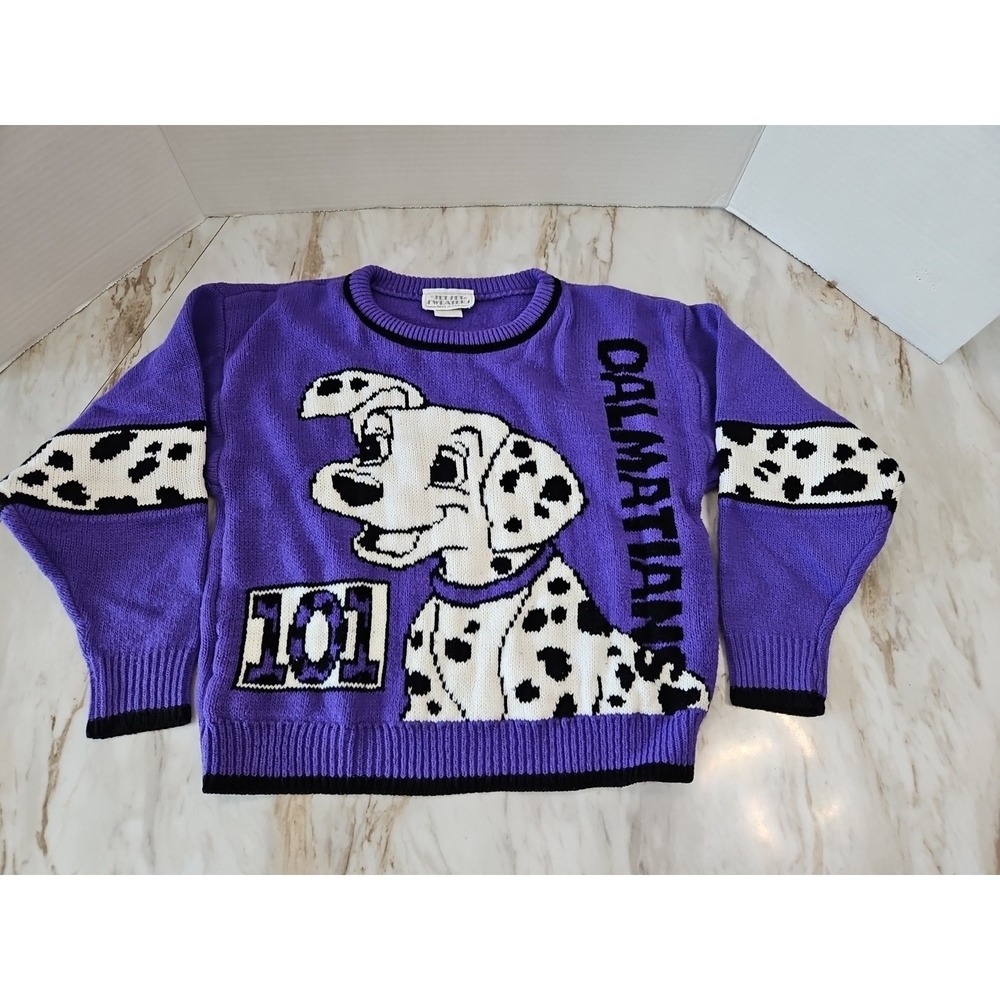 Vintage 101 Dalmatians Jet Set Sweater kids 7/8 Purple USA made Disney puppies